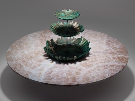 EQUISETO. Company: Emmedue by Industrie Montanari; Kramer Steinmetzbetrieb; Nicolai Diamant; DDX. Materials: Amazzonite by Antolini; Onice Rosa Gioiello by A&G 23.