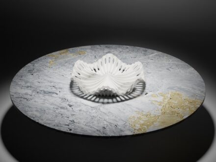 STIGMA. Company: Henraux; DDX. Materials: Bianco Altissimo by Henraux; Versilys by Henraux.
