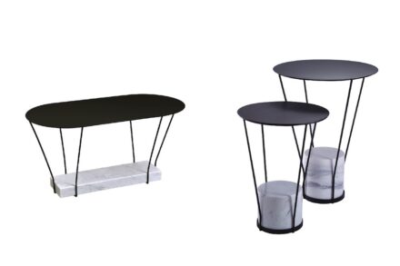 Links: Couchtisch „Lest XL“. Design: Bastien Taillard. Sockel aus massivem Carrara-Marmor. Tischplatte aus lackiertem Metall mit mattschwarzer Oberfläche. Höhe: 40 cm. Breite: 40 cm. Länge: 80 cm. Rechts: „Lest L & Lest S“, Couchtische. Design: Bastien Taillard. Sockel aus massivem Carrara-Marmor. Tischplatte aus lackiertem Metall mit matter schwarzer Oberfläche. Länge: 50 cm. Durchmesser: 38 cm. Höhe: 40 cm. Durchmesser: 30 cm.
