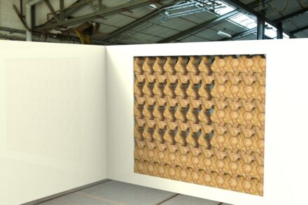 Hexagonlab – Leather Stone - Giovanna Carturan e Valerio Facchin. Materials: Royal Yellow (wall); paste composed of powder and flakes of Giallo Reale and hydraulic lime (flooring).