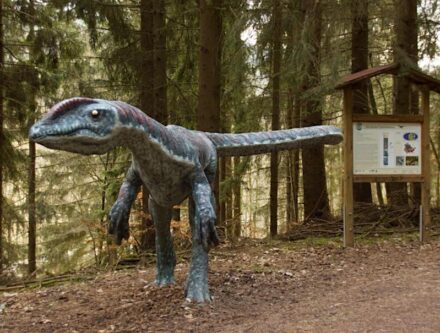 Ein Dino, zuhause an der Fossilienfundstätte Bromacker im Geopark Drei Gleichen. Quelle: DGGV