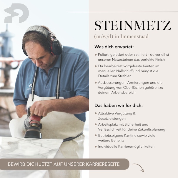 Draenert, specialist for exclusive design furniture with natural stone, is looking for a German-speaking stonemason for a full-time job in the manufactory at Lake Constance