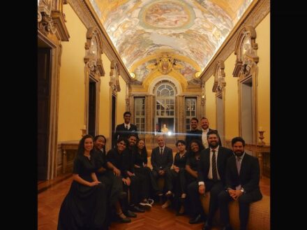 The musicians of the Camerata Jovem Rochativa at the concert in the Brazilian Embassy in Rome. The photo shows them in the Galleria Cortona in the Palazzo Pamphilj located at the famous Piazza Navona.