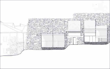 Cave 2.0: In the project “The stone is my house” by students Johanna Lorch and Julius Schwartz, rainwater is collected in the gravel fill in a drystone wall. At the foot of the wall, there are living spaces under solid stone arches.
