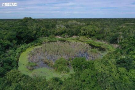 Aerial view of the water reservoir of X'Baatun, a well-preserved Maya site in Tekal de Venegas, Yucatan. Photo: Xavier Sicart Chavarría