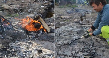 Experimental fire setting to extract extremely hard-to-crack chert in Northern Norway. Evidence from archaeological research suggests that very small fires set against each other were used back in the Stone Age to induce cracks and thus loosen slabs from the bedrock. The chert was the material to craft small tools. The method works fine also today. Photos by Per Storemyr