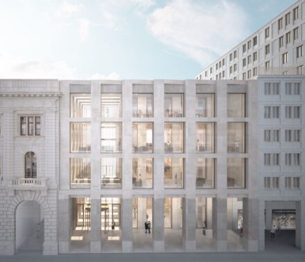 Visualisierung des Anbaus zwischen dem Sitz des Bundesrats (links) und der Randbebauung am Leiziger Platz (rechts). Quelle: Max Dudler