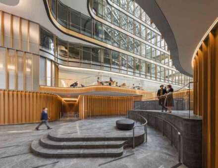 2100 Pennsylvania Avenue, Washington, DC. Design Architect: Pelli Clarke & Partners; Architect of Record: WDG Architecture, PLLC; Stone Supplier: AKDO Intertrade; Stone Supplier: Lorton Stone, LLC; Stone used: Dark Olive marble.