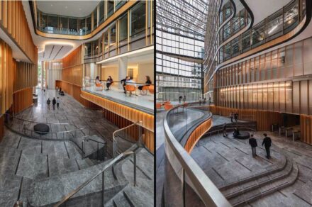 2100 Pennsylvania Avenue, Washington, DC. Design Architect: Pelli Clarke & Partners; Architect of Record: WDG Architecture, PLLC; Stone Supplier: AKDO Intertrade; Stone Supplier: Lorton Stone, LLC; Stone used: Dark Olive marble.