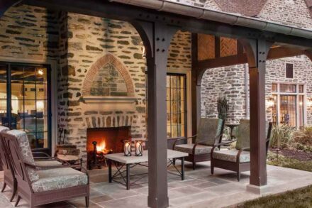 Cotswold-Inspired Residence, Strafford, Pennsylvania. Architect: John Milner Architects; Landscape Architect: Jonathan Alderson Landscape Architects; Stone Suppliers: Media Quarry Company, Vickery Stone Company; Stone Installer: Joseph Manero & Sons; Stones used: Indiana Limestone, Wissahickon mica schist.