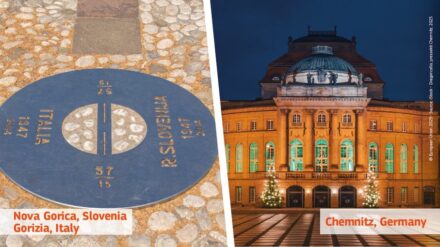 Foto der EU zu den Kulturhauptstädten 2025: links die Bodenplatte vor dem Bahnhof in Nova Gorica, wo man mit einem Fuß in Italien und mit dem anderen in Slowenien stehen kann, rechts die Oper in Chemnitz.