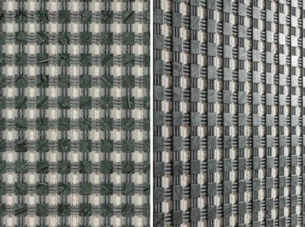 Schottenmuster und Chesterfield-Sofabezüge von den britischen Inseln auf Marmor-Wandfliesen der sizilianischen Firma Lithea und der Designerin Elena Salmistraro