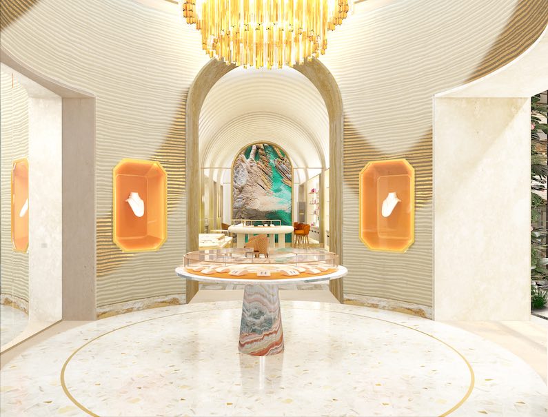 The new Bvlgari flagship store in Milan has floors by Fantini Mosaici, combining Calacatta marble with curved brass inlays and a marble terrazzo refined by stone bands