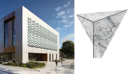Matteo Leorato: „Tani Ori“ kombiniert Origami und Marmor zu einem leichten, dreidimensionalen Modul für hinterlüftete Fassaden mit einfacher Verankerung.