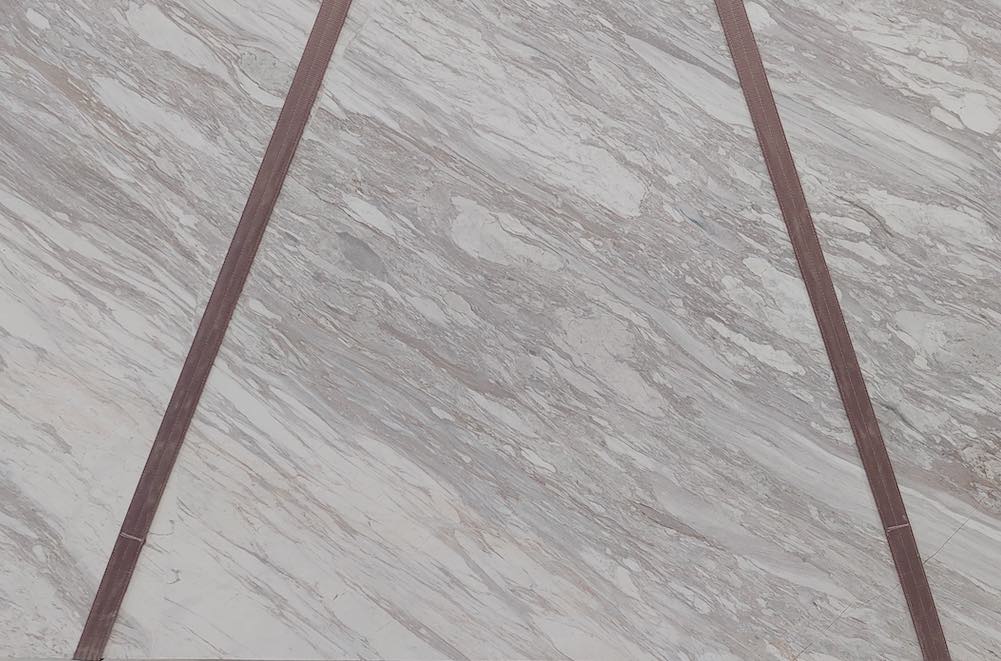 GALA MS white marble, a fine-grained stone with grey and brownish veins, quarried by Marble Sachanas company in Northern Greece