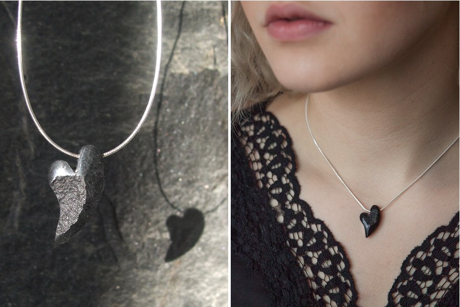 Jenni and Andreas Kullaro, Sweden. Necklace “Amore/Heart of Stone“: The heart-shaped necklace holds the quiet strength of our earth within it.