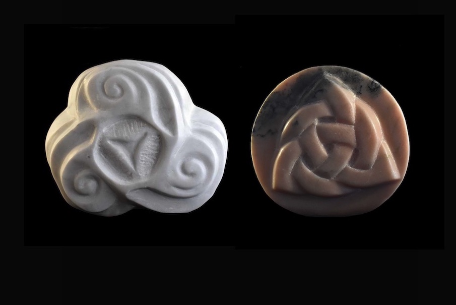 Cristina Rommel, a German-Argentine national living in Spain. Left: “Celtic Trisquel,” inspired by the Celtic triskelions, Carrara marble. Right: “Trisquel triqueta,“ inspired by the Celtic Castros, Portuguese pink marble.