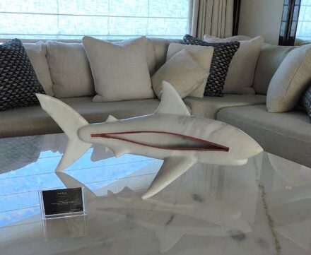John Bizas‘ marble sharks at the Monaco Yacht Show 2025.