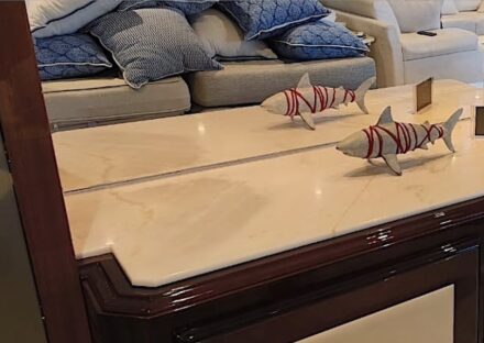 John Bizas‘ marble sharks at the Monaco Yacht Show 2025.