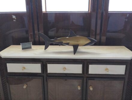 John Bizas‘ marble sharks at the Monaco Yacht Show 2025.
