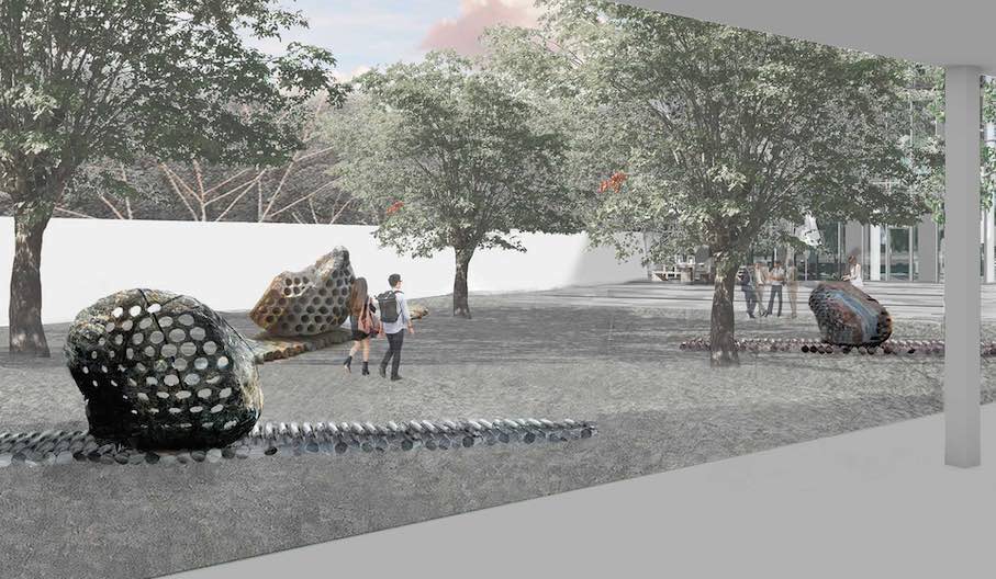 Rendering zum Siegerentwurf „Not All Who Wander Are Lost“ des Studios Julian Charrière für den Garten des EZMW. Quelle: Studio Julian Charrière