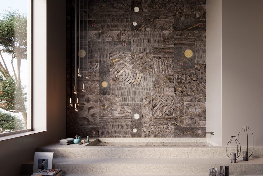 “Motus Animi“: marble Billiemi with inlays in Giallo Siena, Bianco Calacatta, and Rosso Diaspro.