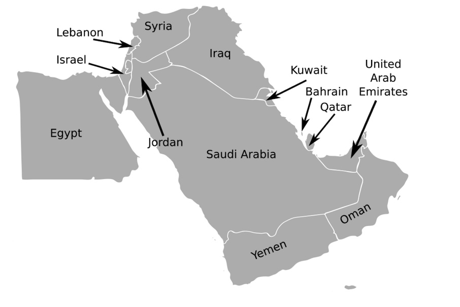 The countries of the Arabian Peninsula (Saudi Arabia, Kuwait, Bahrain, Qatar, United Arab Emirates, Oman, Yemen) with their neighbors. Source: Wikimedia Commons