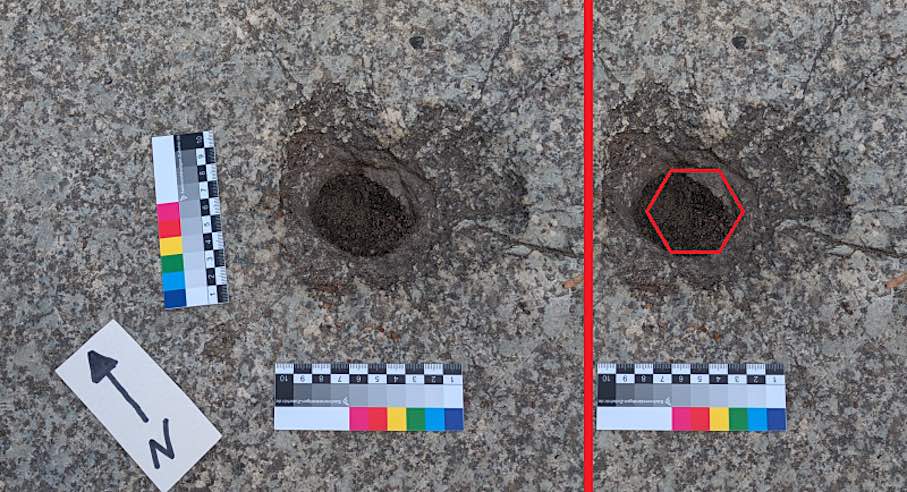 Hexagonal imprint of an incendiary bomb in granite. Photo: Hans Greiner