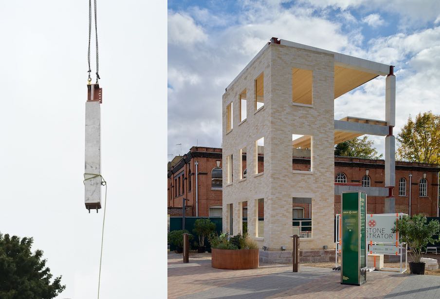 Der Stone Demonstrator in Londons Innenstadt führt als Prototyp vor, wie Naturstein-Massivbauen mit vorgespannten Elementen, kleinen Blöcken und Stone Bricks geht