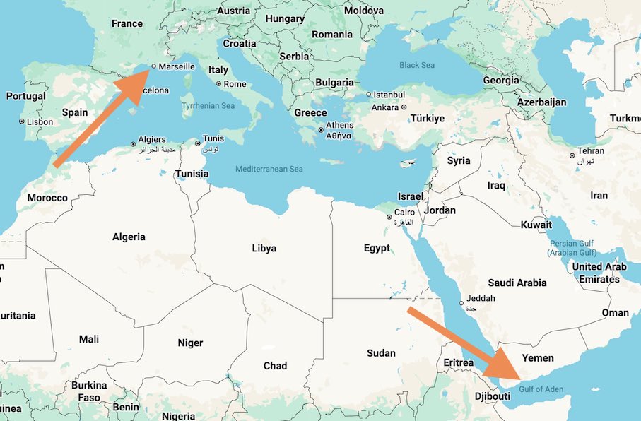 Map with Marseille and Aden. Source: Google Maps
