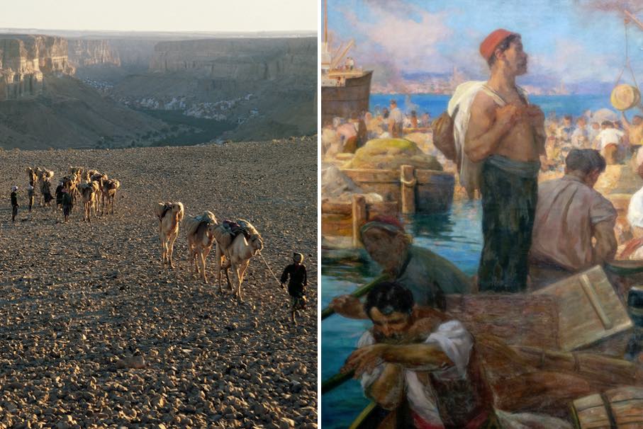 (Left) Caravan crossing the Djol Plateau. Photo: Pascal et Maria Maréchaux, around 2006. (Right) Camille Bourget, Unloading a cargo ship (detial), circa 1900, oil on canvas, Marseille, CCI métropolitaine Aix-Marseille-Provence (CCIAMP) Marseille © La Collection.