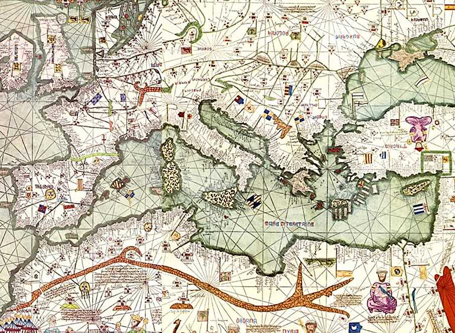 Atlas from 1375, attributed to Abraham Cresques, detail of the Eastern Mediterranean and the Black Sea. Major port cities central to the long-distance grain trade - such as Genoa, Venice, Messina, as well as Caffa and Tana - are marked with flags. Source: Wikimedia Commons