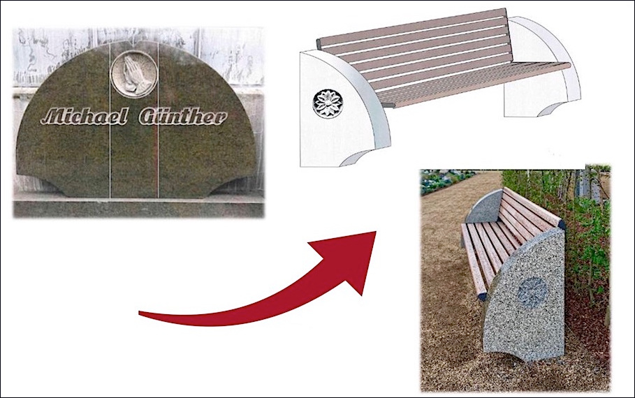 Ein halbrunder Grabstein wurde geteilt und zu den Seitenteilen einer Gartenbank umgearbeitet. Die Firma bietet den Kunden seit langem die Möglichkeit, Grabsteine nach der Liegezeit wieder zurückzugeben und umarbeiten zu lassen.