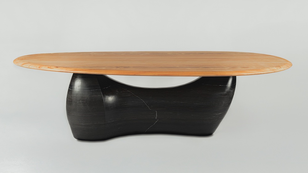 “Broot“ product design: Studio Anansi combined the polished schist with acacia wood.