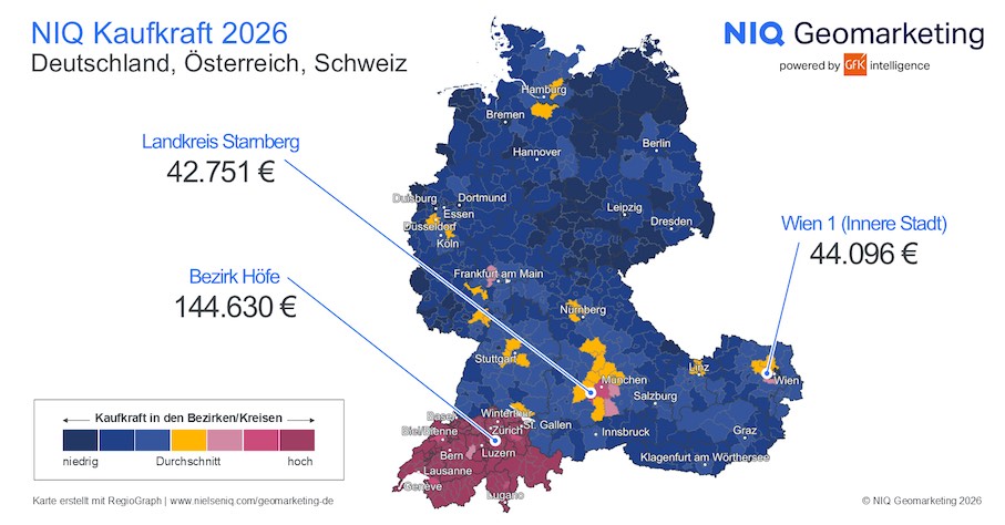 Die Kaufkraft in den DACH-Ländern. Quelle: NIQ Geomarketing