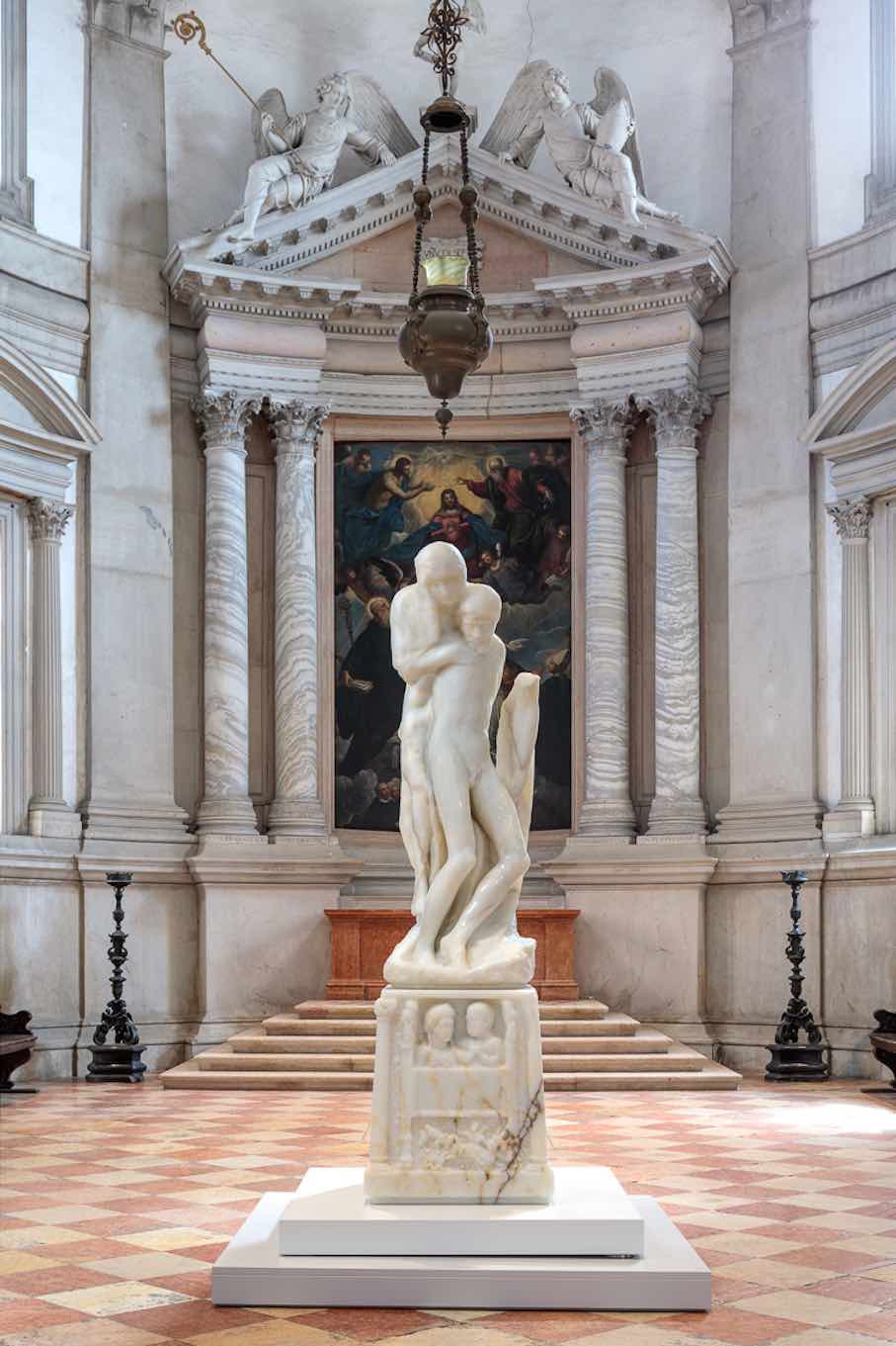 “Pietà,” 2011–2022. Sculpture and pedestal: translucent white Iranian onyx, stainless steel, ABS plastic; platform: aluminum, acrylic lacquer, stainless steel, ABS plastic.