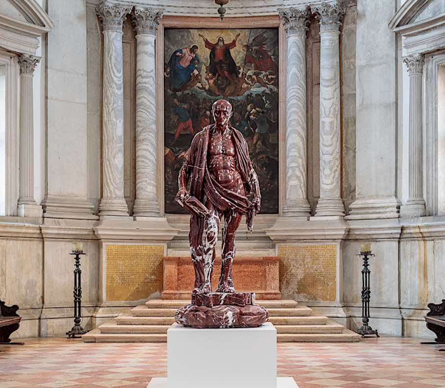 “Saint Bartholomew Flayed,” 2011–2020. Sculpture: French Rouge du Roi marble, stainless steel; pedestal: aluminum, steel, acrylic lacquer, ABS plastic; platform: aluminum, stainless steel, acrylic lacquer, ABS plastic.