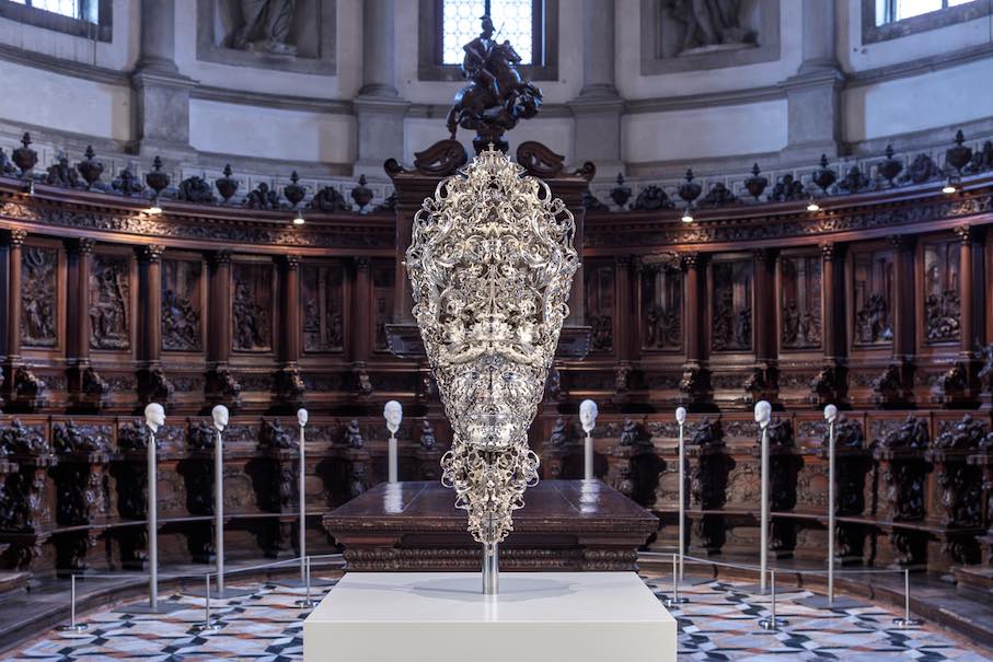 “Pope Saint John Paul II,” 2012–2024. Sculpture: silver, 18K gold; pedestal: powder-coated aluminum, stainless steel, other metals, plastic.