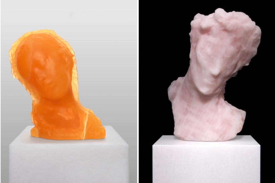 (Left) “Sick Child,” 2013–2025. Sculpture: Golden Honeycomb calcite; pedestal: white Vietnamese marble, stainless steel, wood, acrylic lacquer, steel, nylon, plastic.
(Right) “Yvette Guilbert,” 2013–2025. Sculpture: translucent pink Iranian onyx; pedestal: white Vietnamese marble, stainless steel, wood, acrylic lacquer, steel, nylon, plastic.
