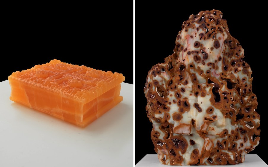 (Left): “Logos,” 2026. Golden Honeycomb calcite.
(Right) “A Natural History Landscape Still Life / Genre Portrait Scholars’ Rock,” 2013–2024. Sculpture: Mexican “El Marmol” (Baja California) onyx; pedestal: white Vietnamese marble, stainless steel, wood, acrylic lacquer, steel, nylon, plastic.