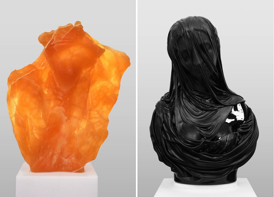 (Left) “Veiled Woman,” 2013–2025. Sculpture: Golden Honeycomb calcite; pedestal: white Vietnamese marble, stainless steel, wood, acrylic lacquer, steel, nylon, plastic.
(Right) “Purity,” 2008–2024. Sculpture: Belgian black marble, stainless steel; pedestal: white Vietnamese marble, stainless steel, wood, acrylic lacquer, steel, nylon, plastic.