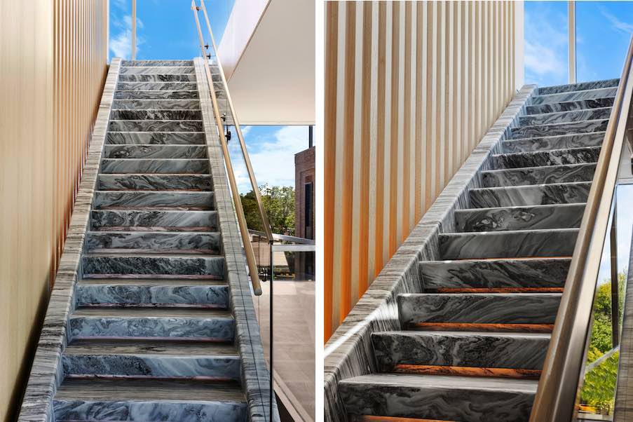 Post-tensioned stone staircases.