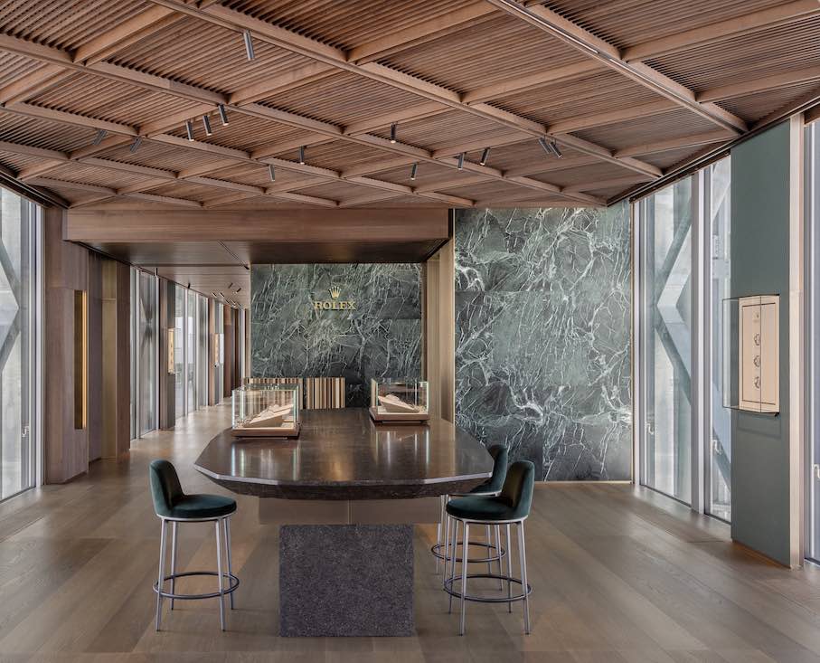 Verde Alpi marble for Bucherer’s new Rolex boutique at over 3,000 meters altitude on Mount Titlis in the Swiss Alps