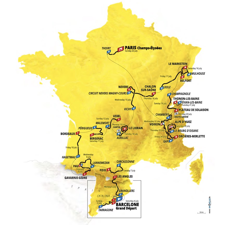Die Strecke der Tour de France der Männer 2026 führte über 3.320,7 km. Quelle: Tour de France