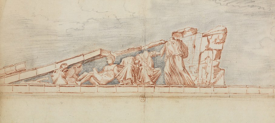 Jaques Carrey (1649–1726): Drawing of the east pediment (left-hand side) Temple of Minerva, Athens. 1674, Paris. Bibliothèque nationale de France, ref.: FOL-FC-3