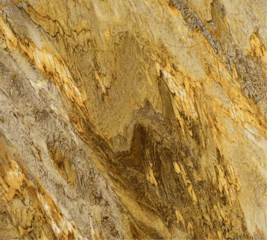 New in the Stone Finder: GUARA quartzite with shiny yellow colors and veins in extreme motion, quarried by Quartzblue company in Brazil’s state of Ceará