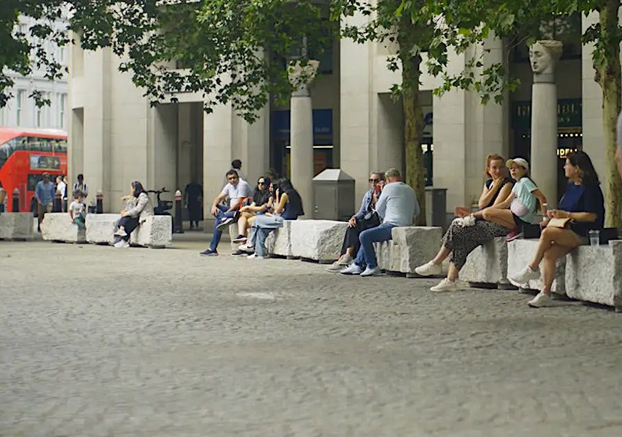 The new benches made from stone taken from the Thames embankment.