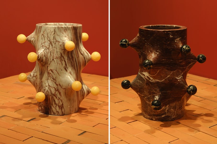 Saguaro – Vase. Designer: DAI Kun. Stone Materials: Ancora Red, Baroque Purple, Silk Grey, White Travertine Onyx.