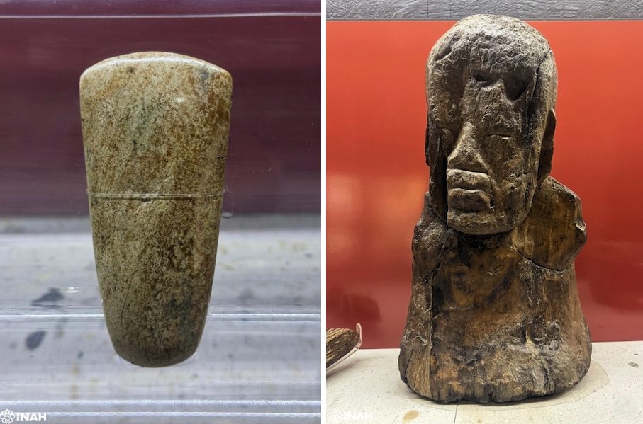 Funde aus El Manatí. Links: Jadeit-Axt aus der Ausstellung. Foto: Karla Acosta, CINAH Veracruz. Rechts: Holzbüste. Foto: Karla Acosta, CINAH Veracruz.